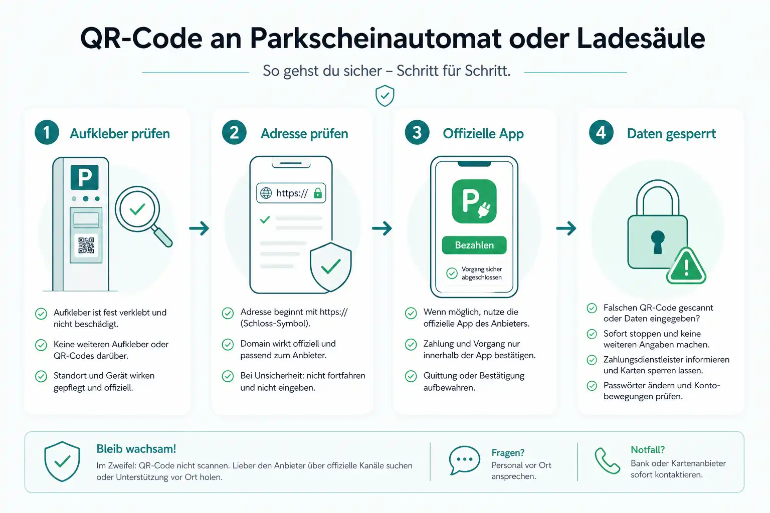 Infografik: Gefälschte QR-Codes an Parkautomaten und Ladesäulen erkennen